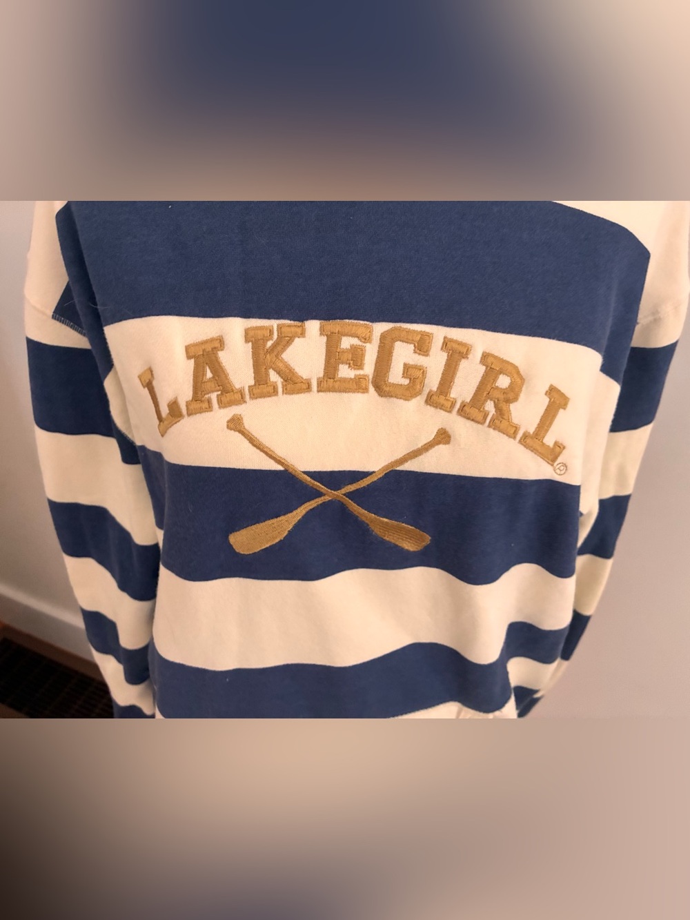 Lakegirl Navy and Cream Striped Hoodie Sweatshirt women XL preppy coastal - Picture 2 of 6